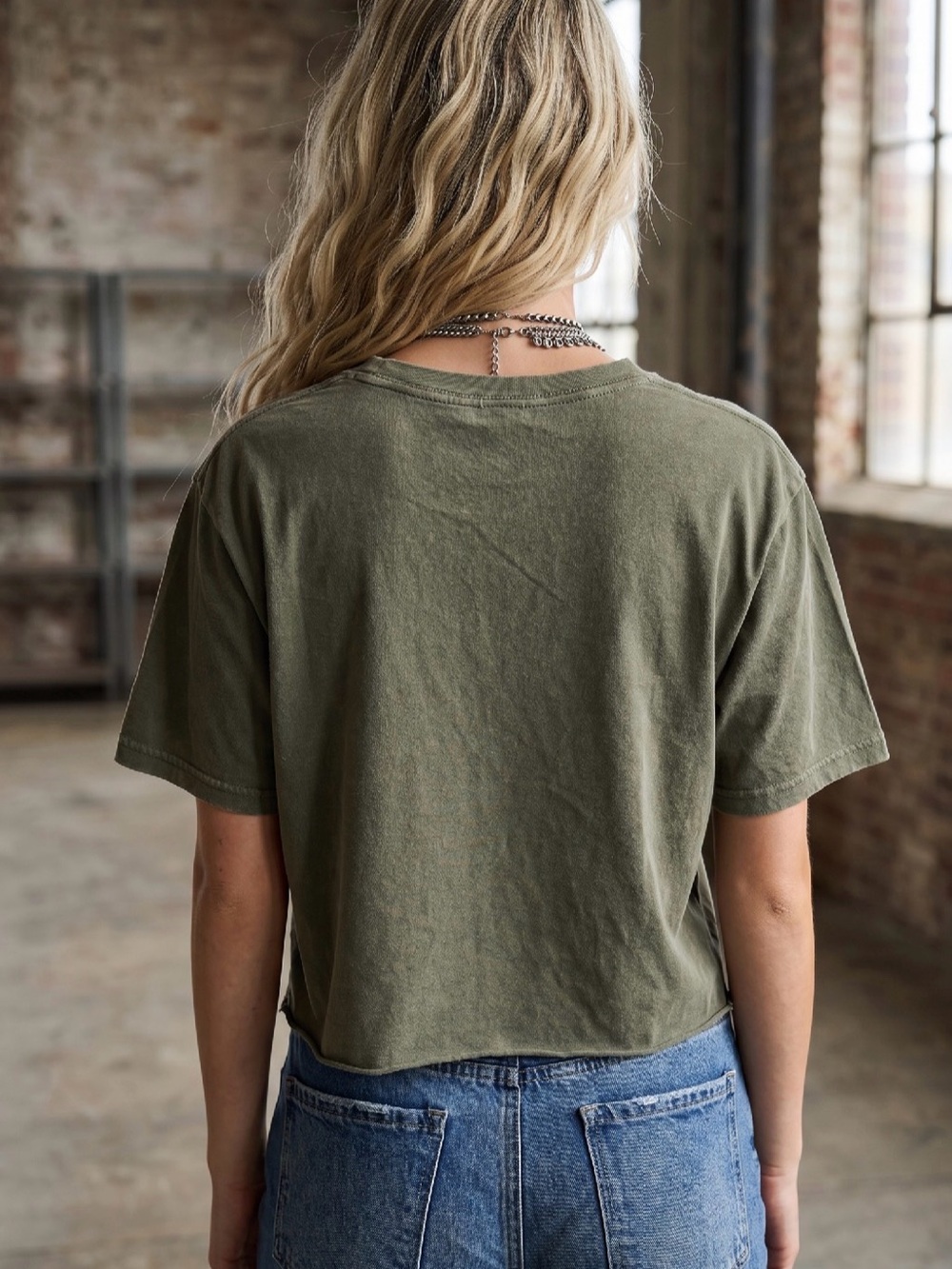 NWT Free Bird Puff Graphic Cropped Tee Crop Top Washed Olive Army Green T-Shirt - Picture 5 of 6